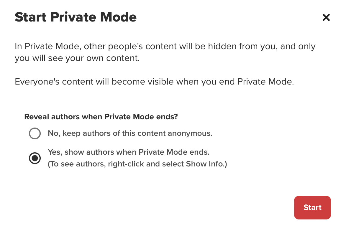 Print das opções de início do modo privado