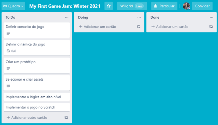 Trello com as tarefas planejadas para a criação do jogo