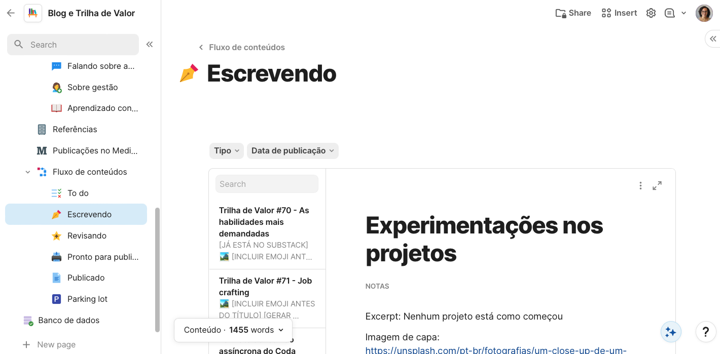 Gestão do blog e da newsletter no Coda