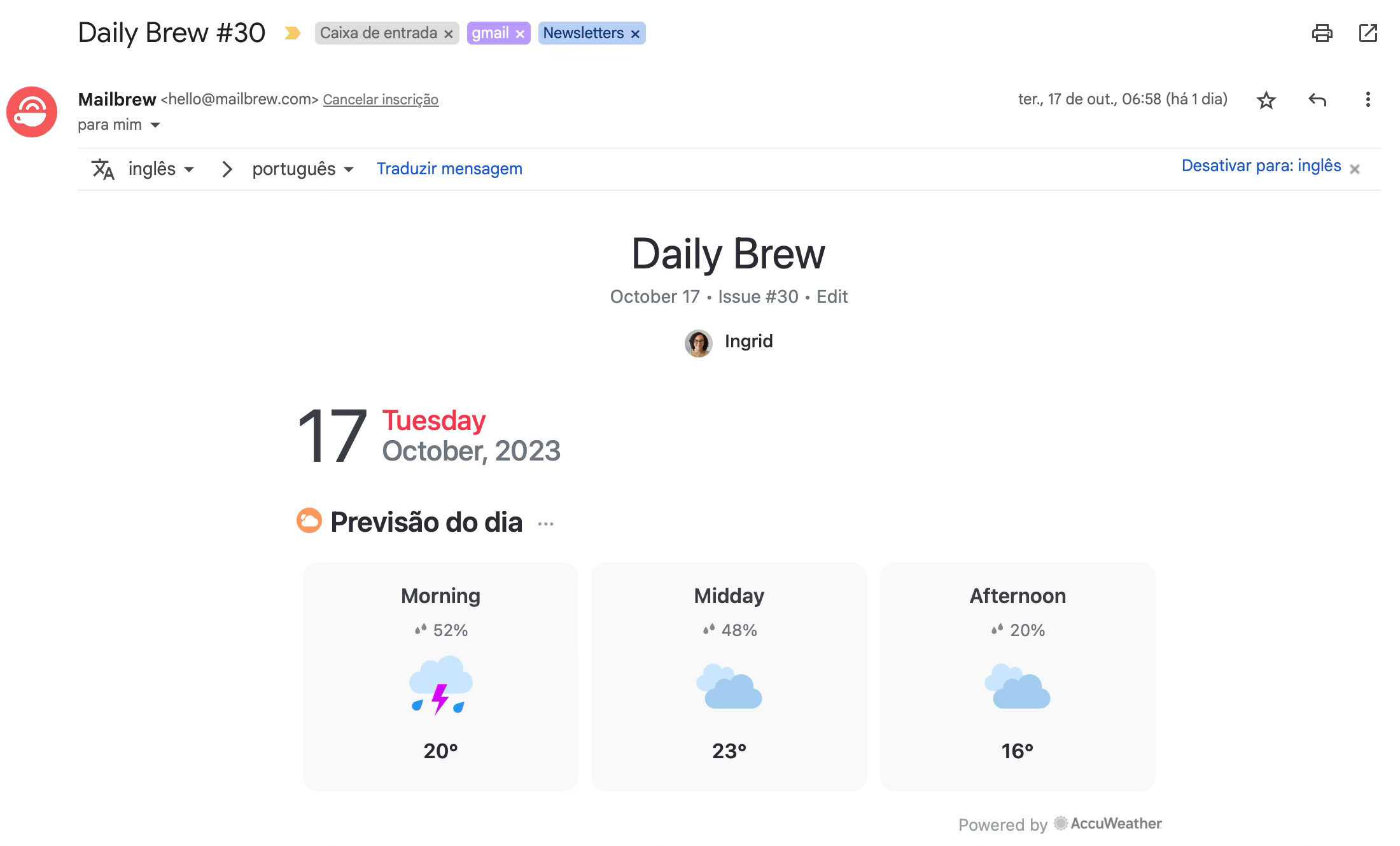Email do Mailbrew na caixa de entrada