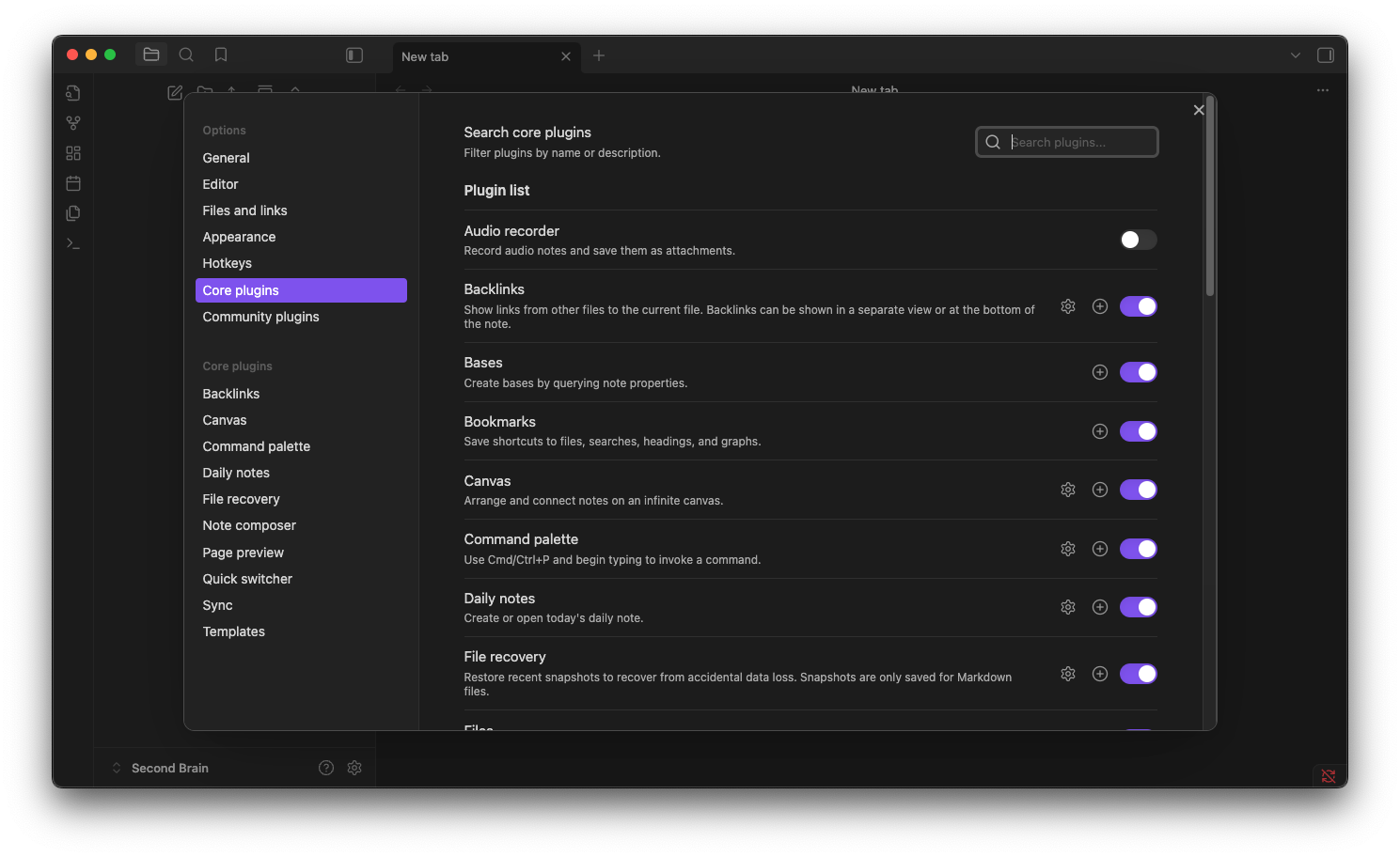 Tela em que são habilitados os core plugins