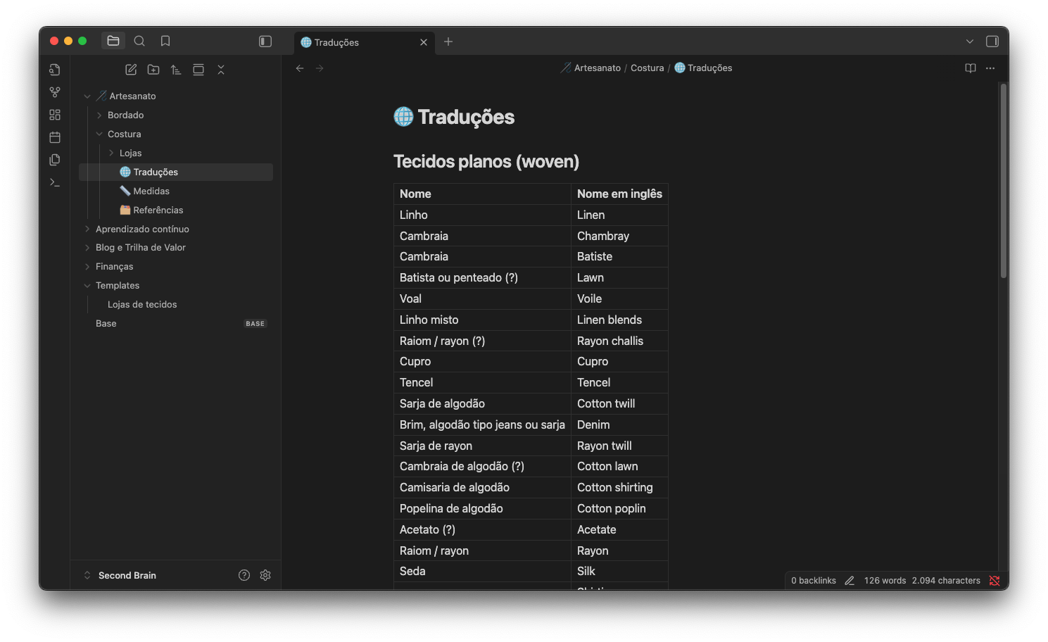 Tabela normal sendo usada para organizar as traduções dos tecidos