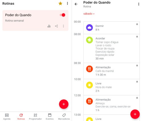 Tela inicial com a rotina e tela com um dia de exemplo