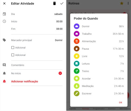 Telas com edição de atividades e as estatísticas da rotina