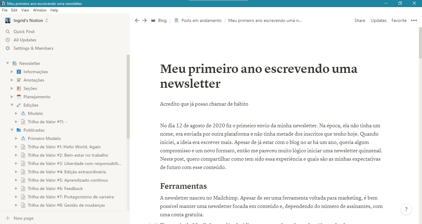 Tela do notion com a organização da newsletter e este post no modo de edição