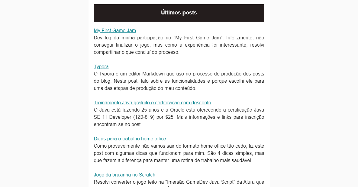 Layout da seção com um cabeçalho de fundo cinza escuro e links de cada post em azul