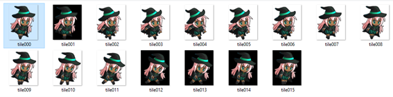 Pasta com as imagens do sprite da bruxinha com a primeira imagem selecionada