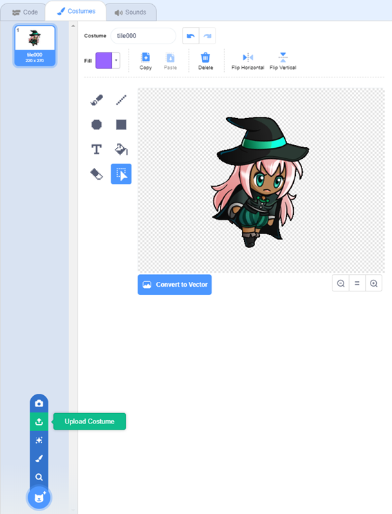 Tela para incluir as costumes do sprite da bruxinha