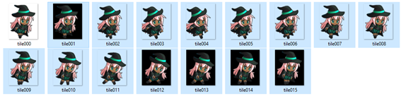 Pasta com as imagens do sprite da bruxinha com o restante das imagens selecionado