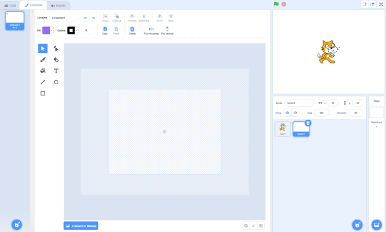 Tela do Scratch com um editor para desenhar o sprite