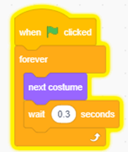 Script com os blocos "next costume" e "wait x seconds" para animar o sprite