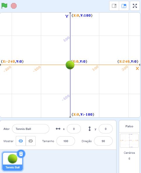 Sprite de uma bola de tênis centralizado no plano cartesiano