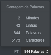 Imagem do contador de palavras, com o número de minutos, linhas, palavras e caracteres